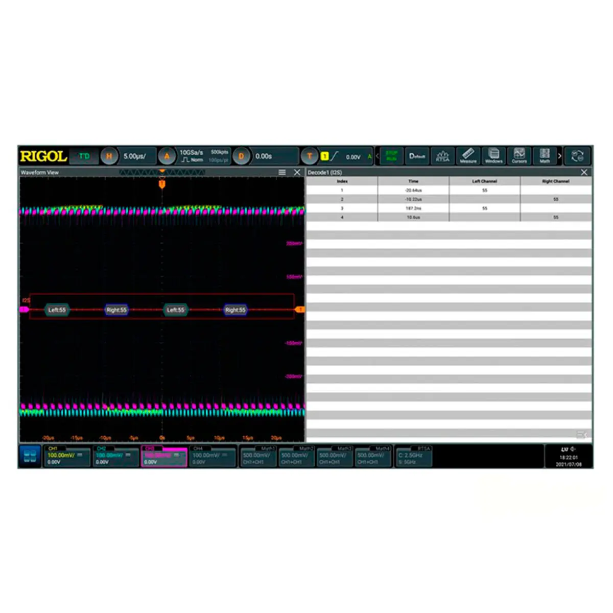 RIGOL DS70000-AUDIOA запуск и декодирование сигналов протокола передачи данных Audio (I2S)