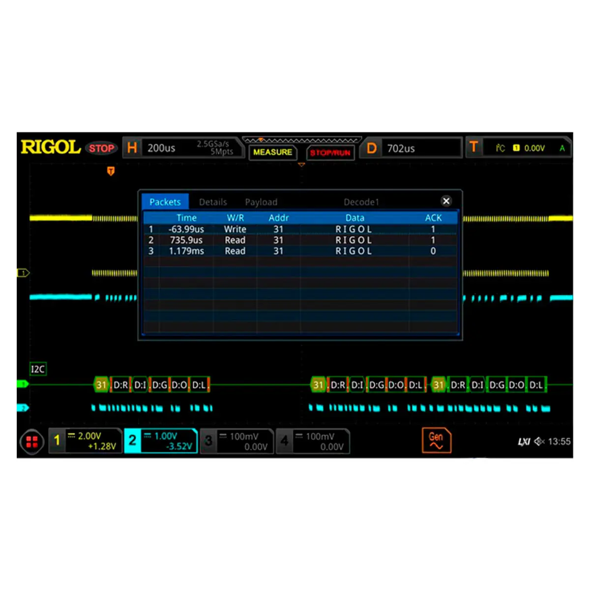 RIGOL DS8000-R-EMBD запуск и анализ сигналов последовательной шины I2C и SPI