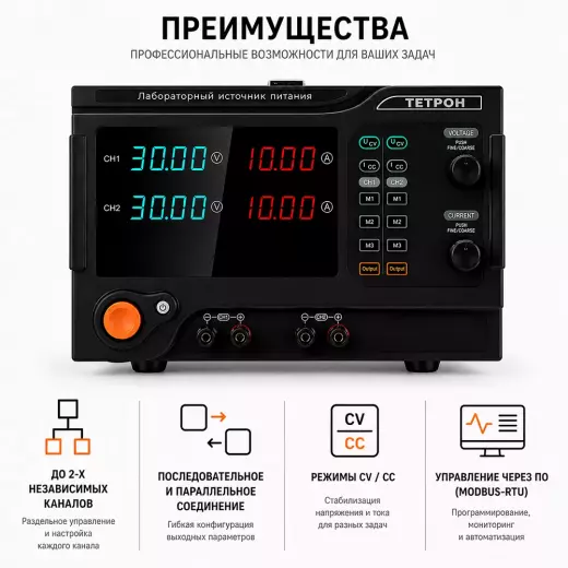 ТЕТРОН-1502/1520 двухканальный источник питания 15В 2А/15В 20А