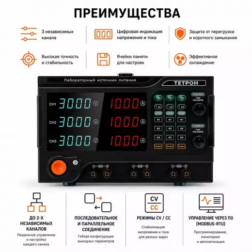 ТЕТРОН-3010-3 трехканальный источник питания 30 вольт 10 ампер